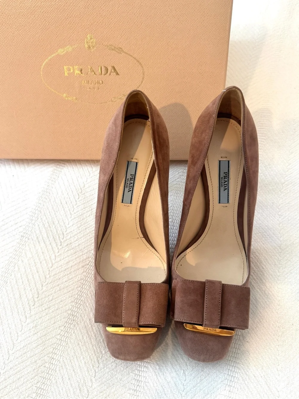 Prada Taupe Suede Bow Peep-Toe Pumps